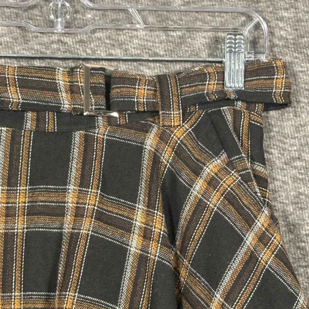 ROMWE Brown Plaid Belted Skater Mini Skirt Womens Size M US 6 High Waisted